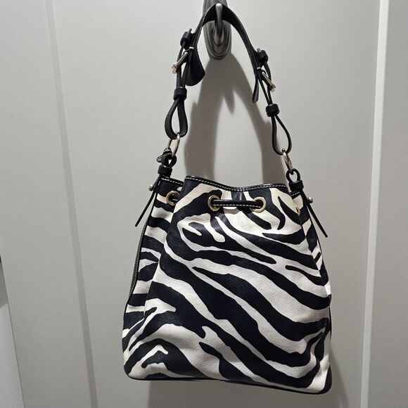 Dooney & Bourke Leather Zebra Boho Bucket Bag Drawstring Shoulder Handbag purse - Picture 1 of 11